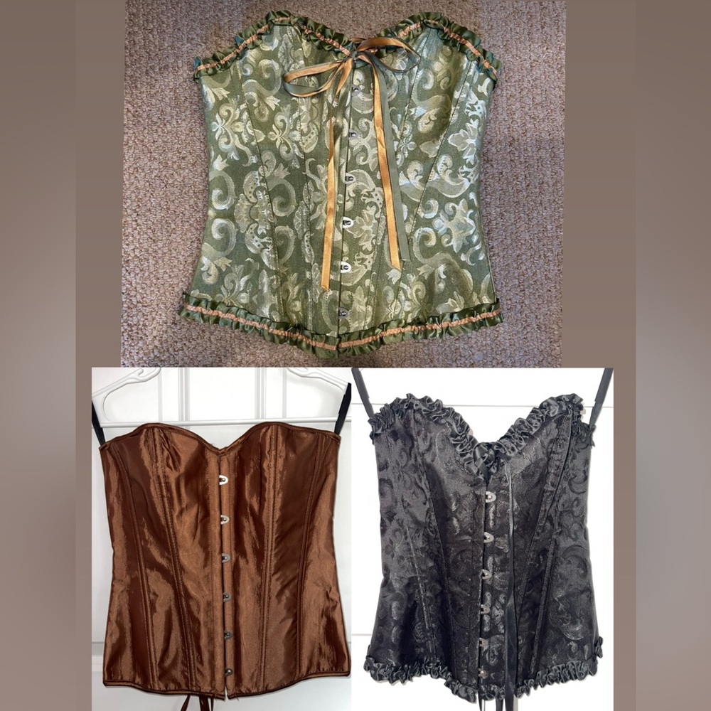 Bundle of 3 Lace-Up Corsets – Green Brocade, Satin Brown, Black Jacquard